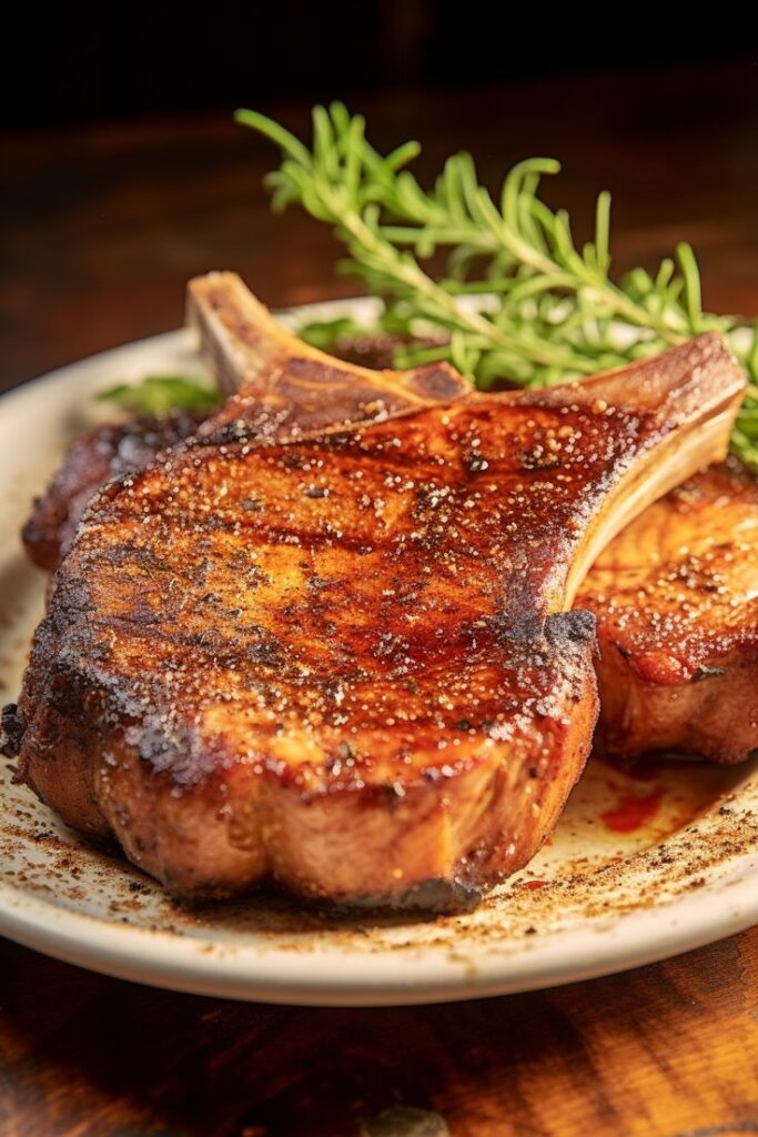 Grilled pork chop with rosemary garnish on a plate, showcasing a savory, cooked-to-perfection look.