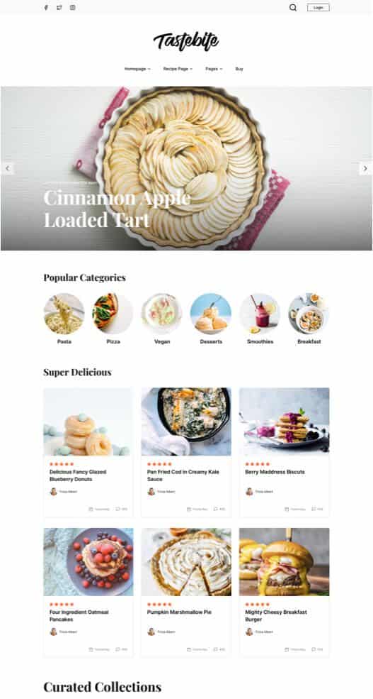 Website homepage displaying a cinnamon apple tart with recipe categories like pasta, pizza, vegan, and more.
