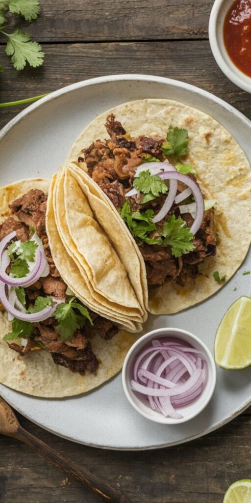 Two savory beef tacos with cilantro and onion on a plate, accompanied by lime and red onion slices.