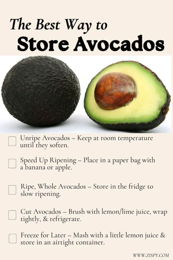 Guide on storing avocados: ripening, refrigeration, and freezing tips for optimal freshness and longevity.