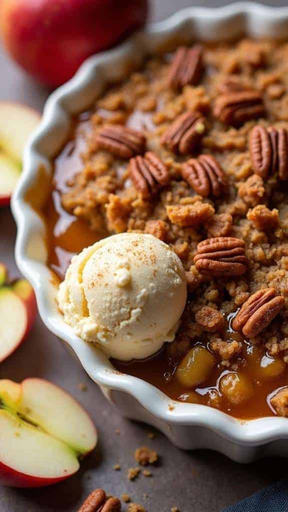 Delicious apple crumble with vanilla ice cream and pecans in a dish, surrounded by fresh apple slices.