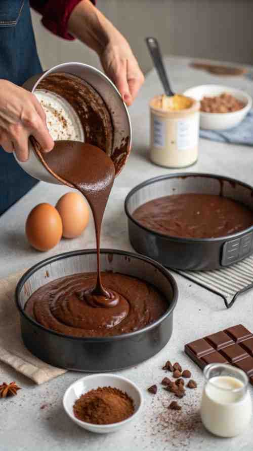 Pouring chocolate cake batter into a round baking pan, surrounded by baking ingredients on a kitchen counter.