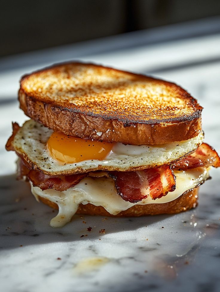 Delicious breakfast sandwich with crispy bacon, sunny-side-up egg, and melted cheese between toasted bread on marble surface.