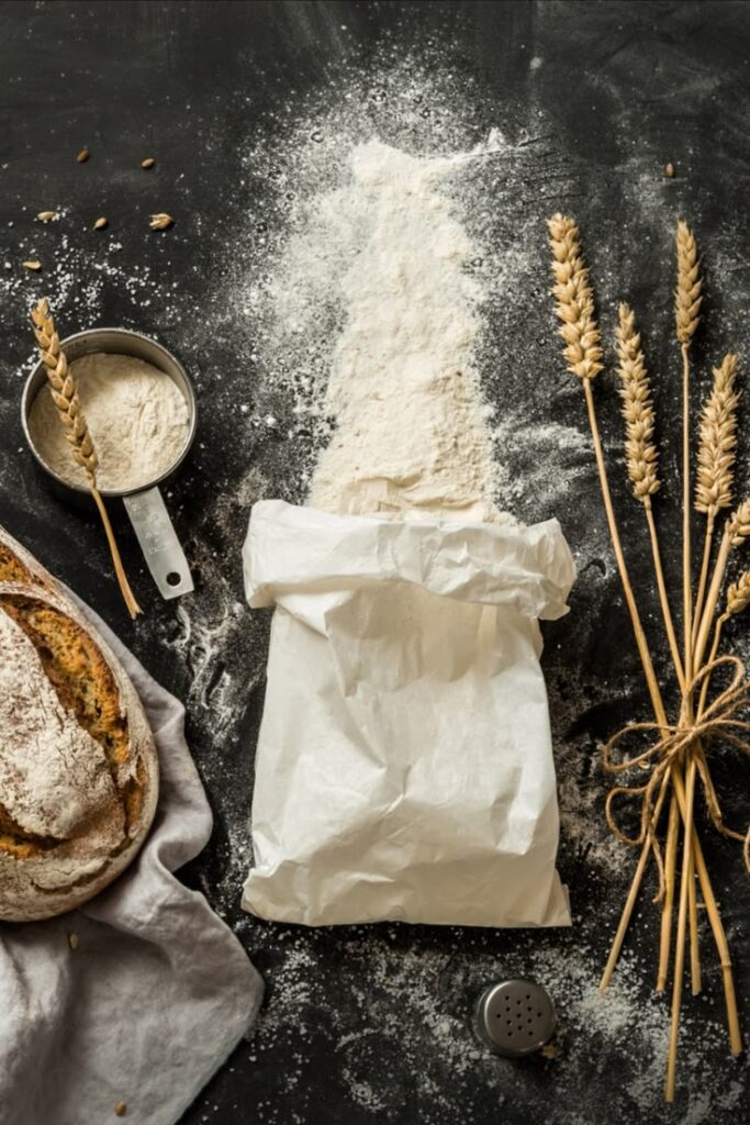 Bag of flour, wheat stalks, rustic bread, and measuring cup on dark kitchen surface.