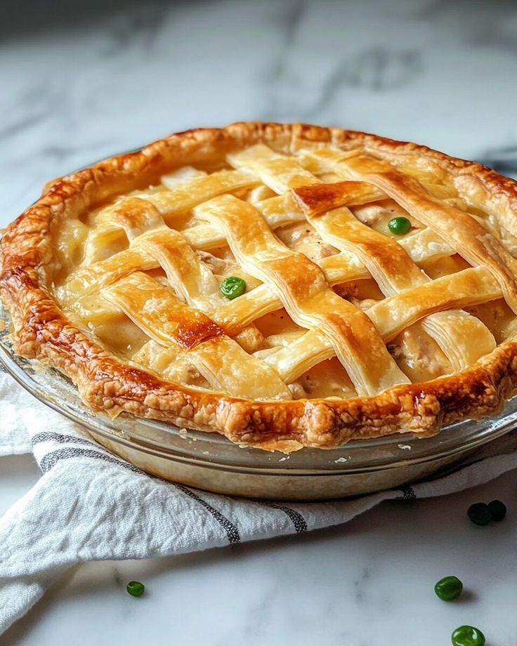 Golden lattice-topped chicken pot pie on marble counter, garnished with peas, on a linen cloth.