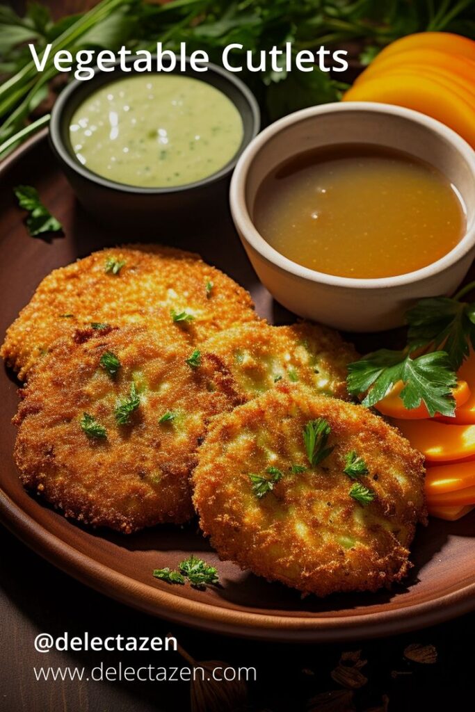 Plate of crispy vegetable cutlets with sauces and garnishes, perfect for a delicious vegetarian meal.