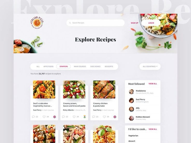 Recipe website interface with categories like starters and main courses, featuring popular dishes and most followed chefs.