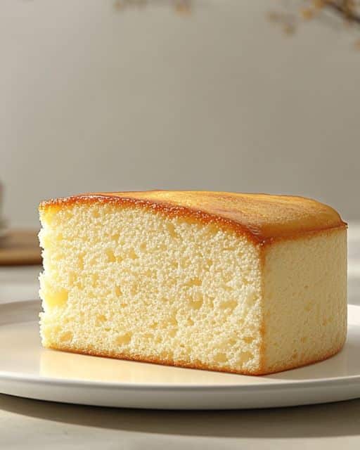 Slice of fluffy sponge cake on a white plate, perfect dessert for any occasion.
