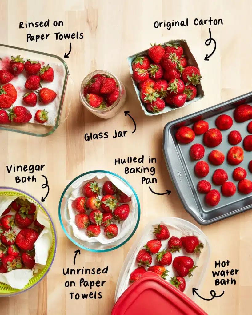 Various methods for storing strawberries: original carton, vinegar bath, rinsed on paper towels, glass jar, and more.