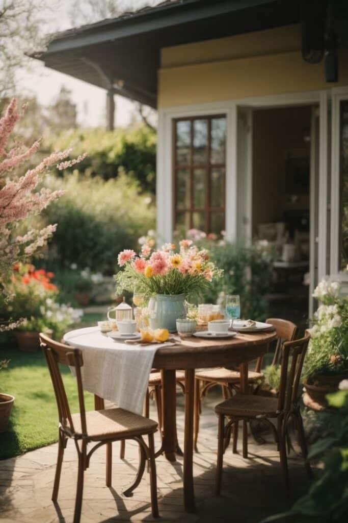 Charming garden dining setup with colorful flowers on table, surrounded by chairs and greenery, under a sunny sky.