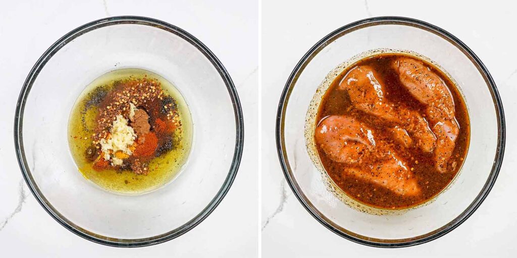 Spices and marinated chicken in bowls, ready for grilling or cooking preparation.