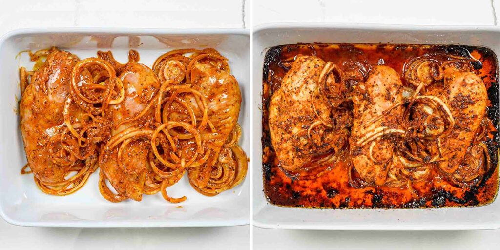 Marinated chicken with onions before and after baking in a white dish, showcasing a transformation to a savory golden brown.