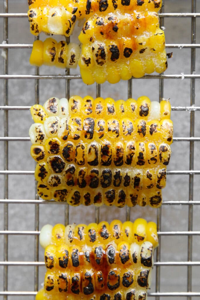 Grilled corn on the cob with char marks on a metal rack; delicious summer barbecue food.