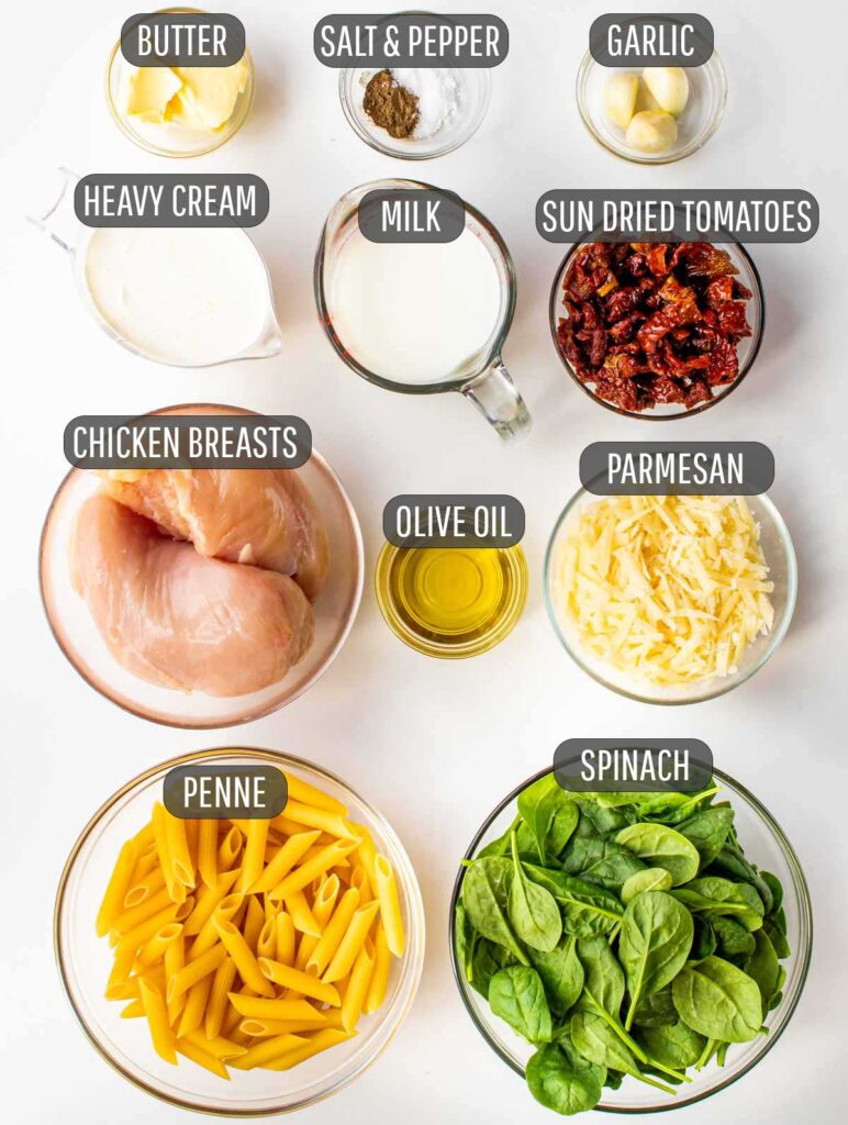 Ingredients for creamy chicken pasta: chicken, penne, spinach, garlic, parmesan, sun-dried tomatoes, butter, and cream.