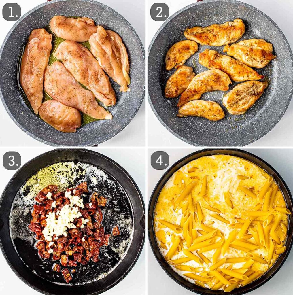 Four-step pasta recipe: cooking chicken, sautéing ingredients, and preparing creamy pasta in a pan.