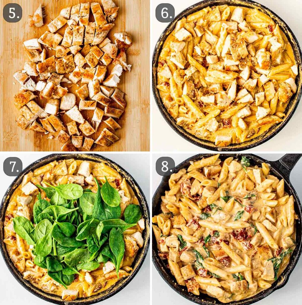 Step-by-step creamy chicken pasta recipe with spinach in a skillet.