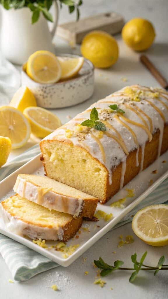 Delicious homemade lemon loaf cake topped with icing and lemon zest, garnished with mint leaves.