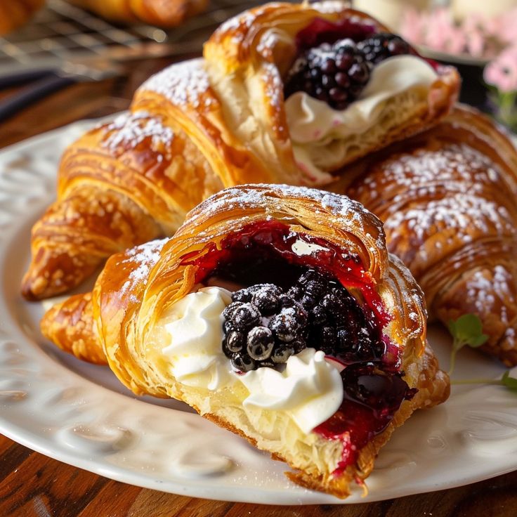 Delicious croissant filled with blackberries and cream on a white plate, dusted with powdered sugar.