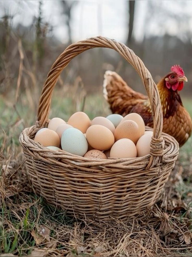 Basket of fresh farm eggs outdoors with a hen nearby in a rustic setting.