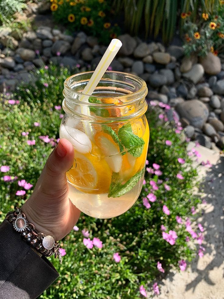 Refreshing citrus drink in a mason jar with mint, held outdoors against a garden backdrop on a sunny day.