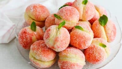 Sugar-coated peach-shaped cookies with mint leaves on a glass plate.