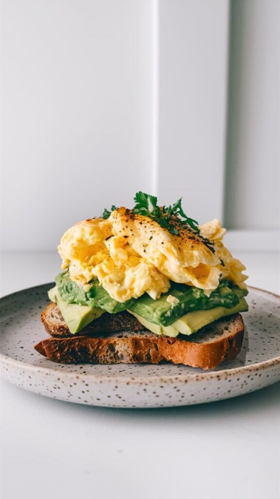 Scrambled eggs and sliced avocado on toast, garnished with herbs on a speckled plate, against a neutral background.
