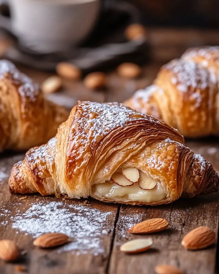 Almond croissant dusted with powdered sugar on wooden board, surrounded by almonds. Cup in background.