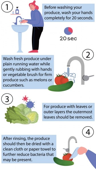 Steps for washing produce: wash hands, rinse produce, remove outer leaves, and dry with a clean towel.