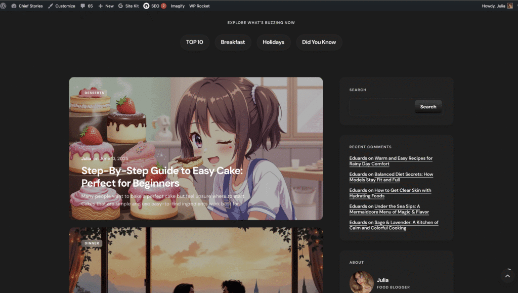 Anime girl with desserts and cake tutorial for beginners. Step-by-step guide highlighted on a blog webpage.