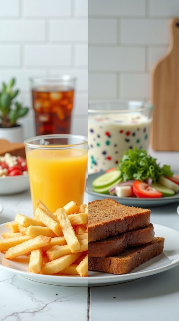 Two plates featuring fries, orange juice, and iced tea on one side, and healthy salad, yogurt, and bread on the other.