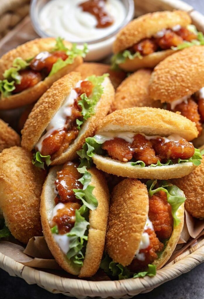 Mini crispy chicken sliders with lettuce, served in a basket, accompanied by a creamy dip in the background.