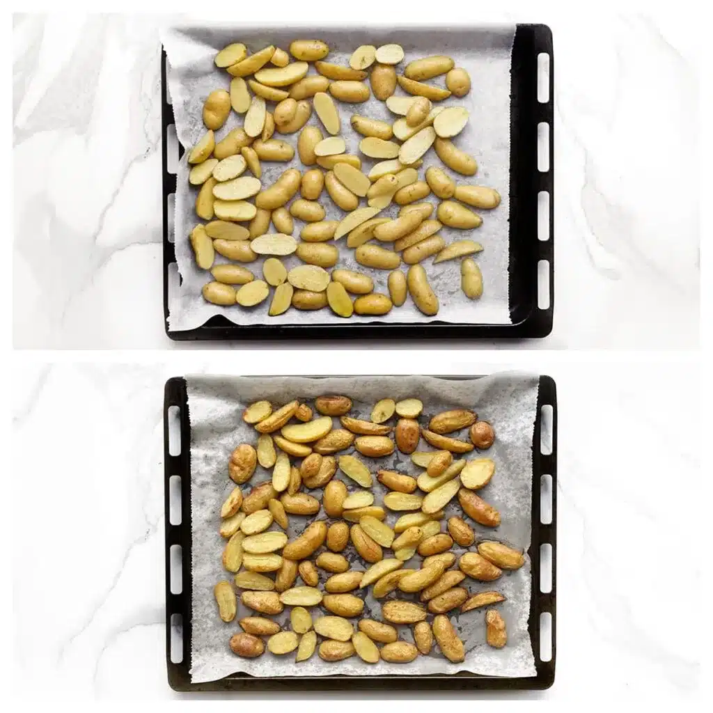 Raw and roasted fingerling potatoes on baking trays, showcasing before and after cooking stages, on parchment paper.