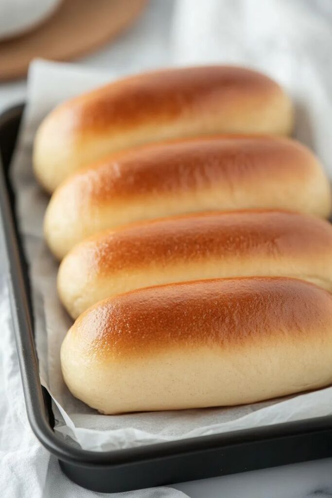 Freshly baked soft rolls on a baking tray, perfect for a delicious homemade meal.