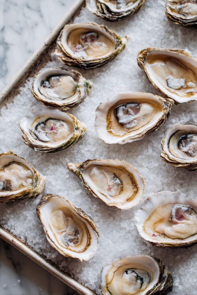 Fresh oysters on a bed of ice, perfect for seafood lovers. Discover gourmet dining with these delicacies.