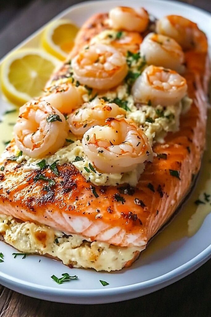 Grilled salmon topped with shrimp and herbs, served with lemon slices on a white plate. Delicious seafood dish.