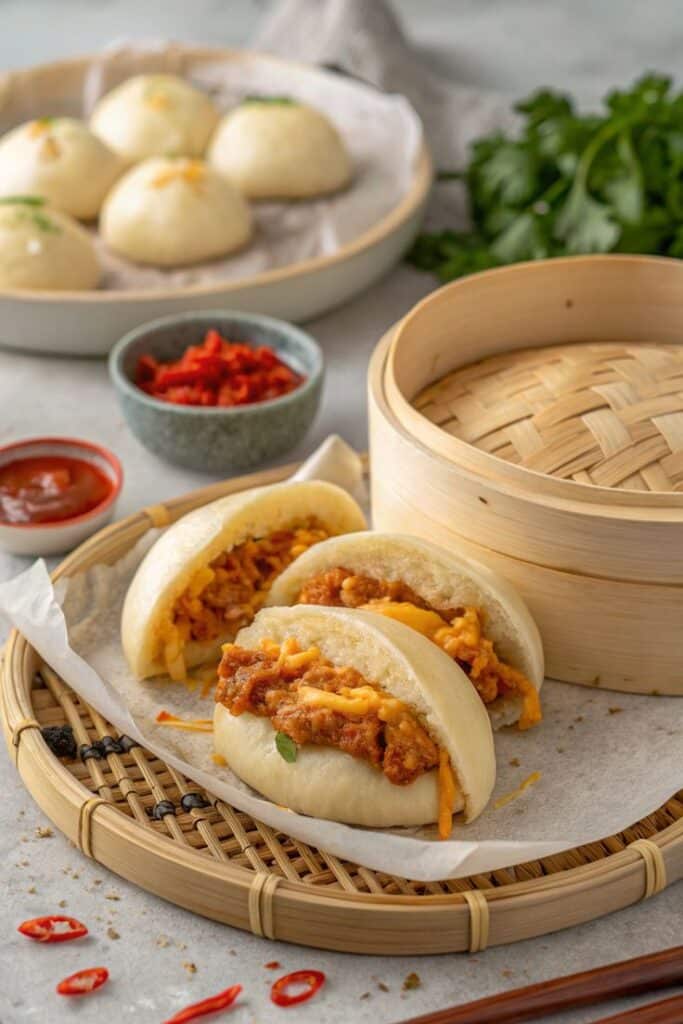 Steamed buns filled with savory meat, surrounded by dipping sauces and fresh herbs on a bamboo tray.