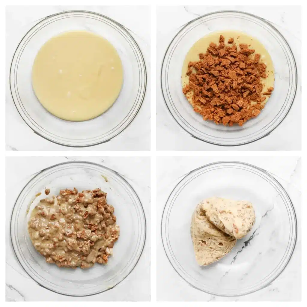 Step-by-step dough preparation: mixing ingredients in a bowl to form cookie dough, incorporating crushed cookies.
