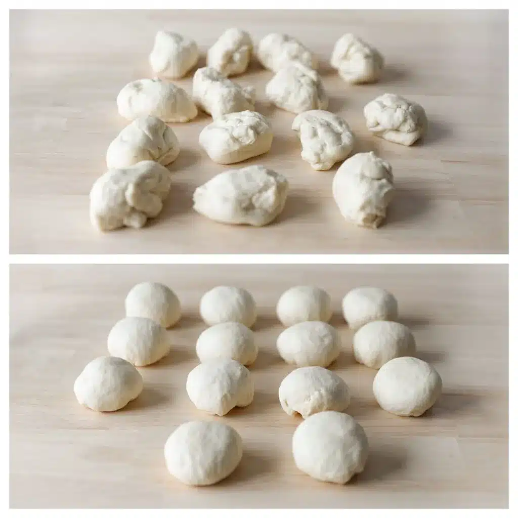 Unshaped and shaped dough balls on wooden surface, showing preparation stages for baking.