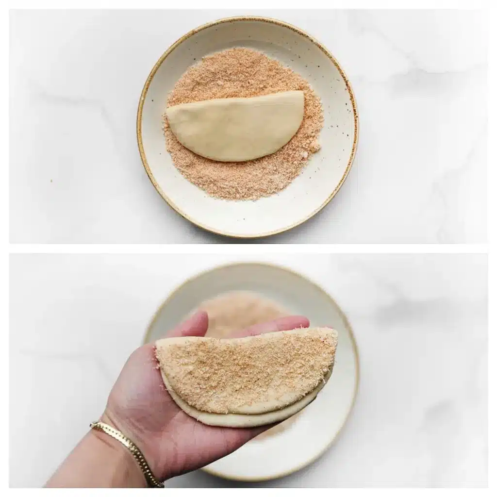 Dough being coated in breadcrumbs in a bowl, showing preparation steps for a recipe.