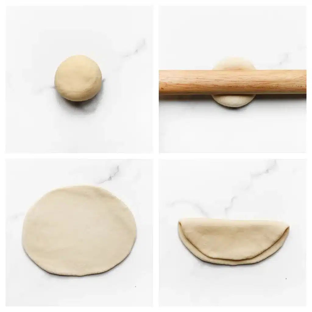 Step-by-step dough rolling and folding process for making homemade flatbreads or pastries.