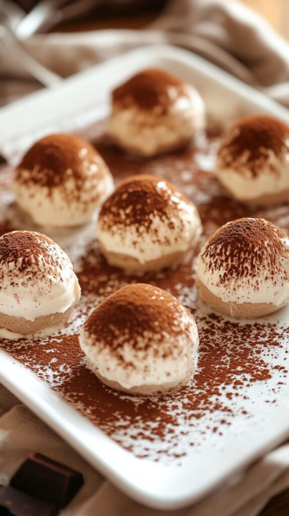 Creamy tiramisu domes dusted with cocoa on a white plate, perfect for dessert lovers.
