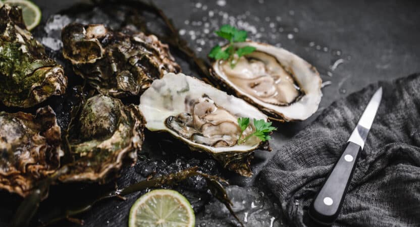 Fresh oysters on ice with lemon and a shucking knife, ready to serve seafood delicacy.