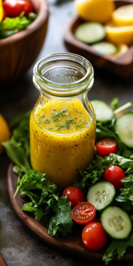 Fresh salad ingredients with a bottle of vibrant homemade dressing on a wooden plate.