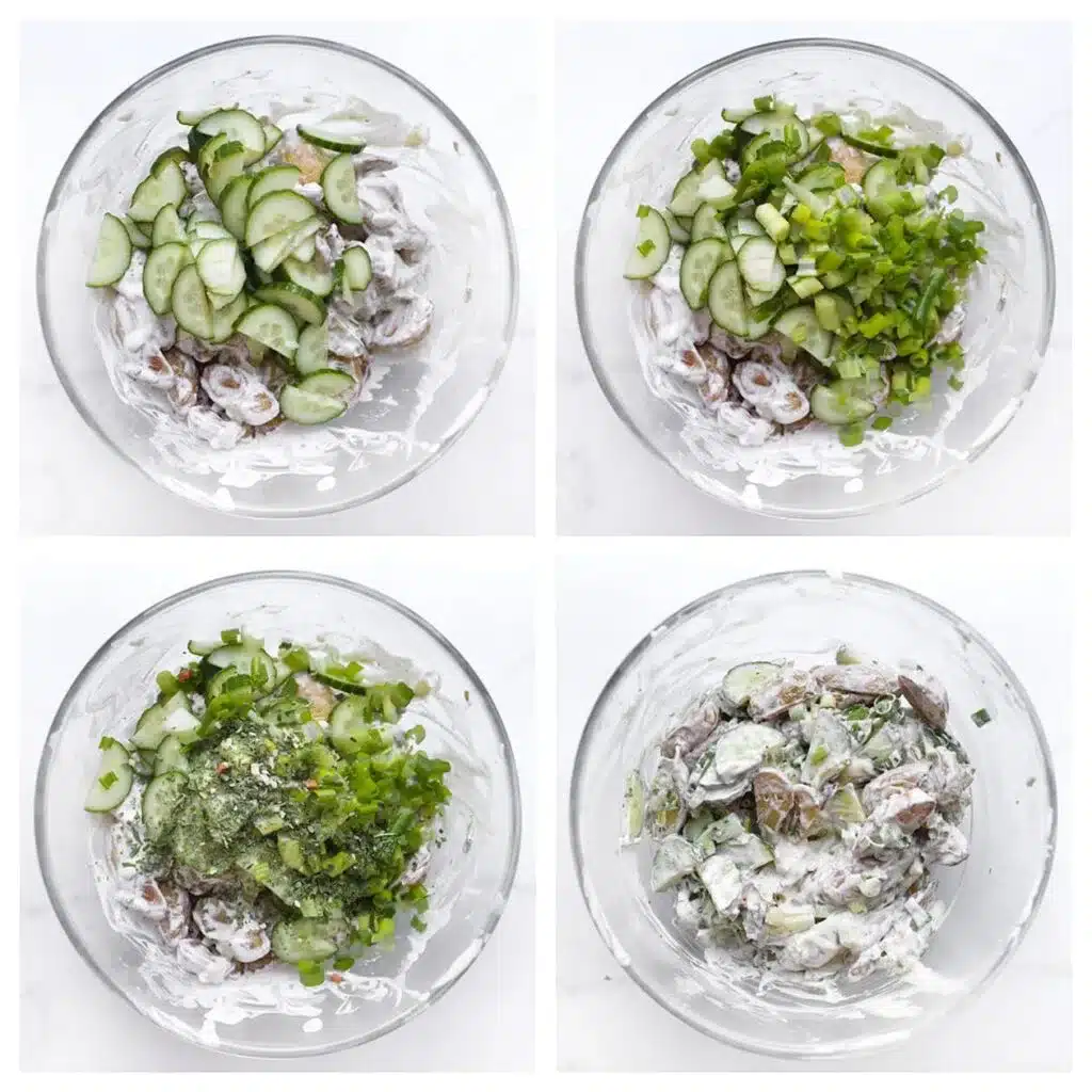 Step-by-step preparation of cucumber yogurt salad with herbs in a glass bowl, showing ingredients and mixing process.