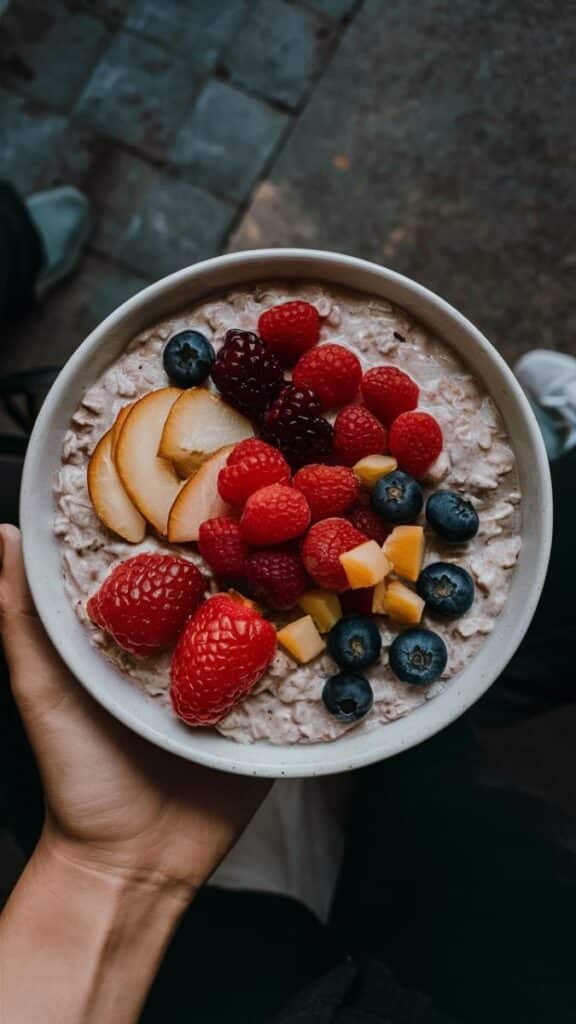 Bowl of oatmeal topped with fresh blueberries, raspberries, blackberries, pear slices, and mango cubes.