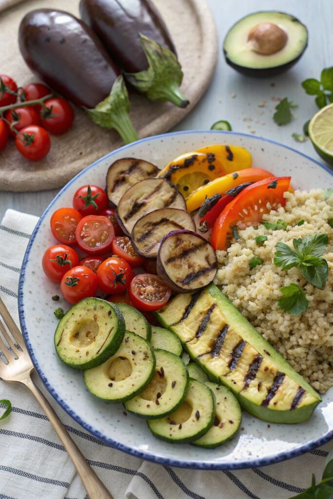 Grilled veggies and couscous salad with cherry tomatoes, eggplant, zucchini, and bell peppers on a plate.