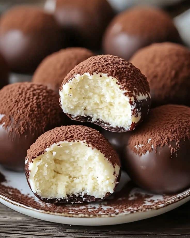 Chocolate truffles topped with cocoa powder on a plate, showcasing their creamy, delicious interior.
