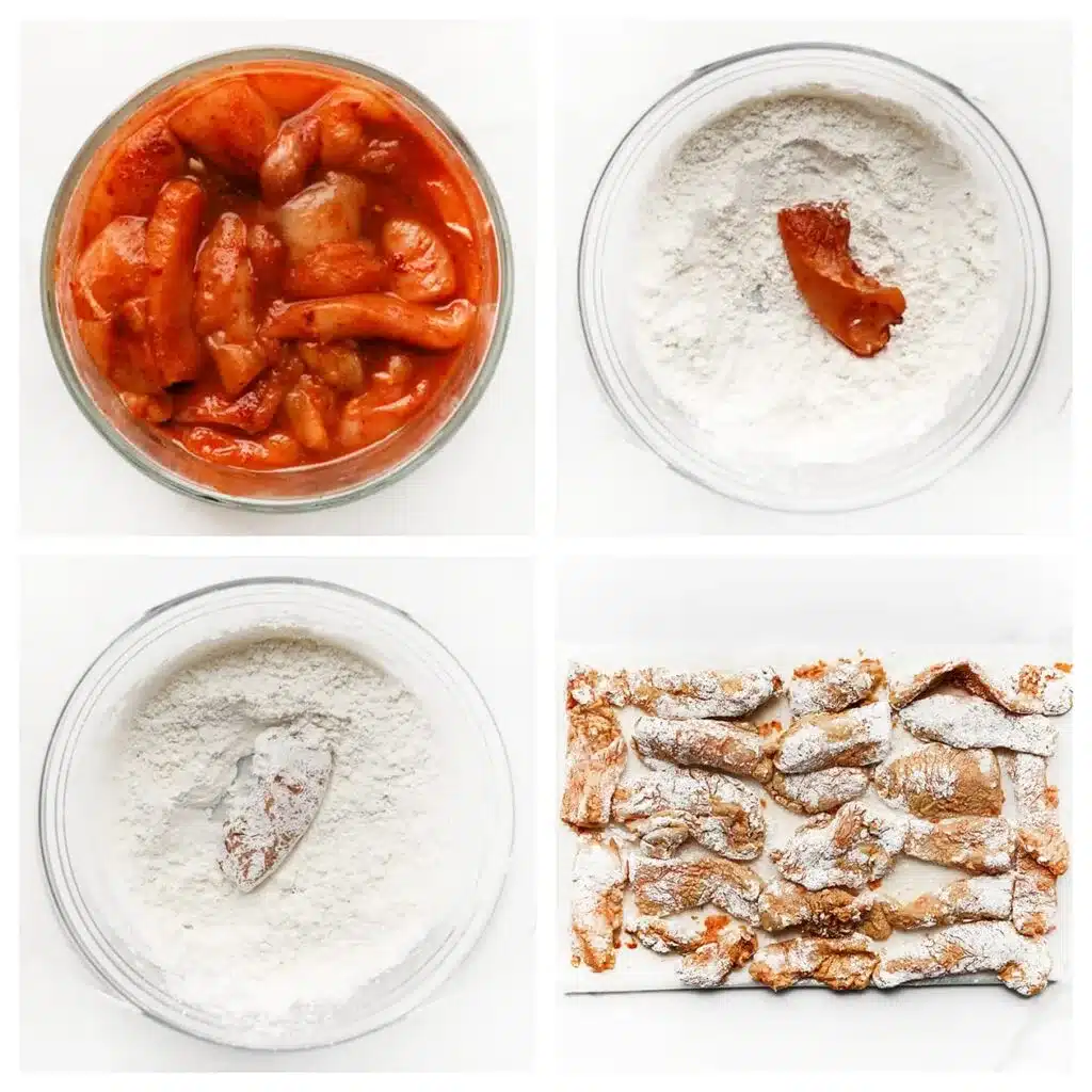 Step-by-step crispy chicken preparation: marinating, coating with flour, and arranging on a baking sheet.