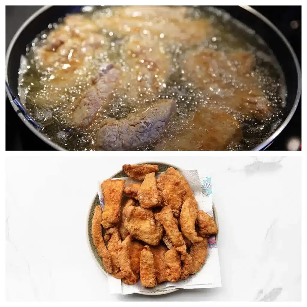 Frying fish in a pan and serving crispy fried fish pieces on a plate, ready to eat.