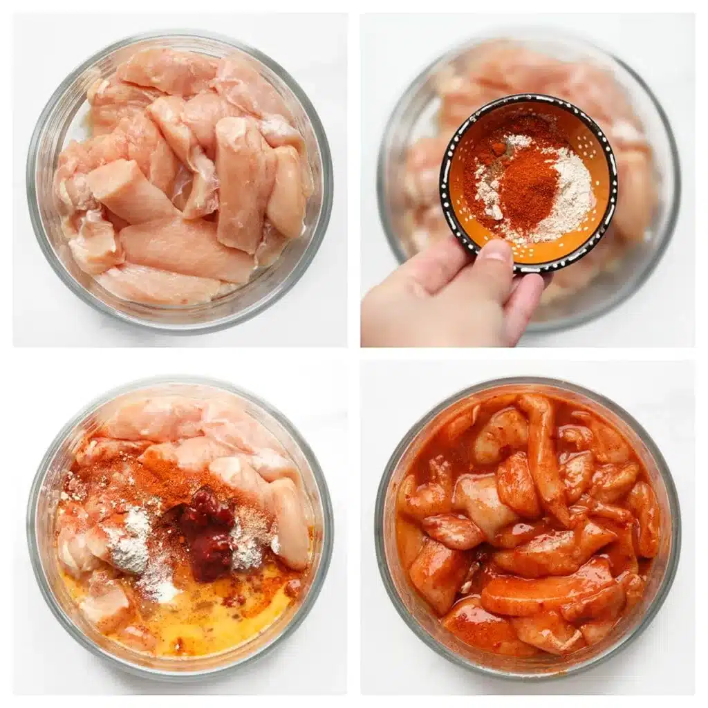 Raw chicken marinating with spices and sauce in a bowl, preparation steps for a flavorful chicken dish.